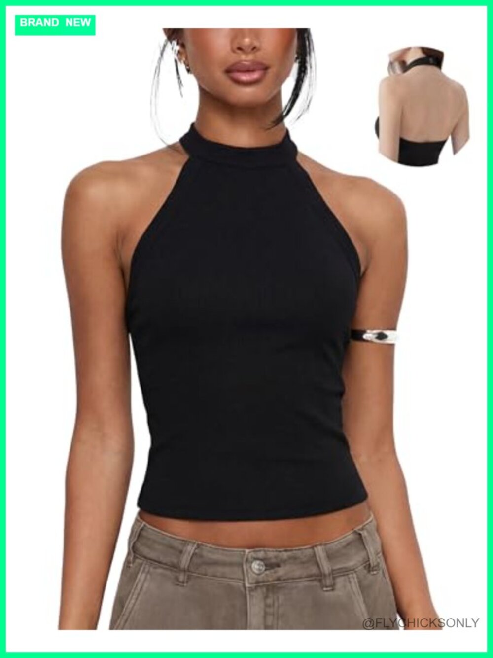 SUUKSESS Halter Top Open Back High Neck Built in Bra Ribbed Tank